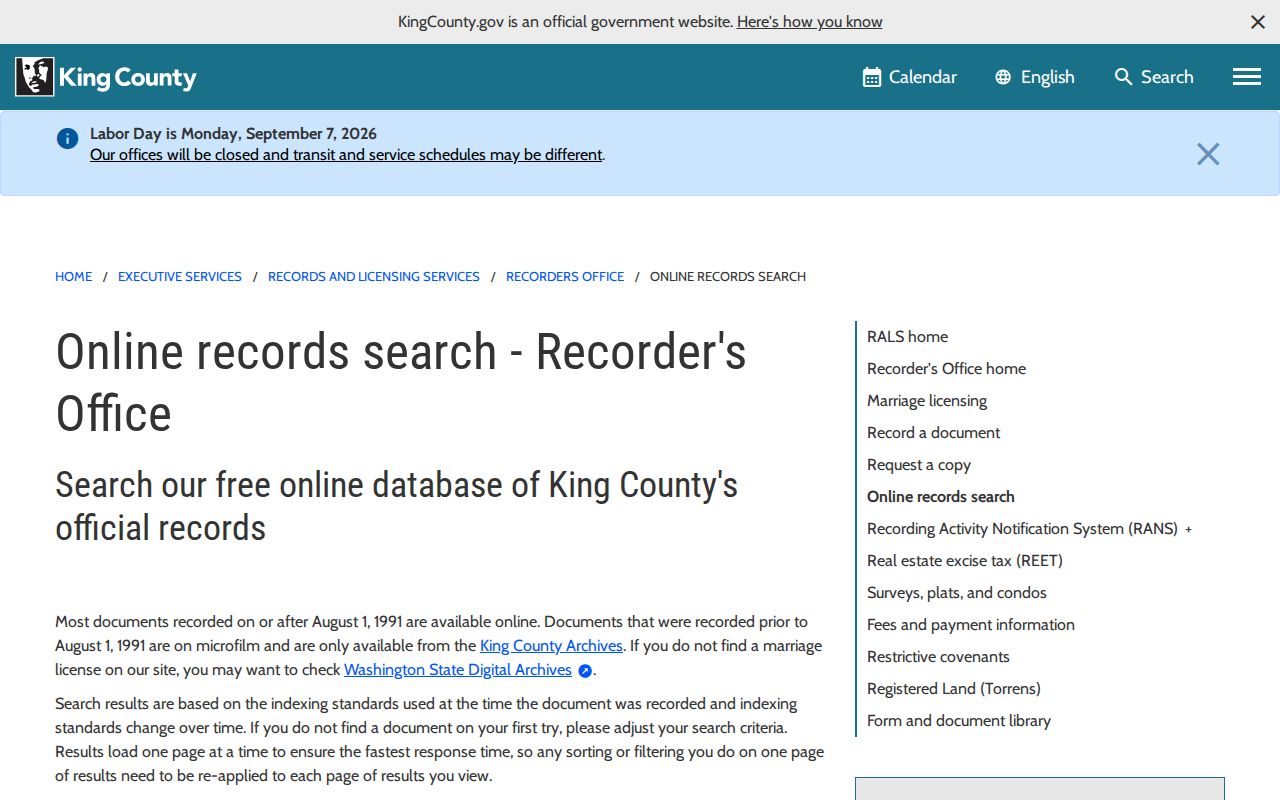 King County Recorder search options for deeds connected with Tukwila street parcels